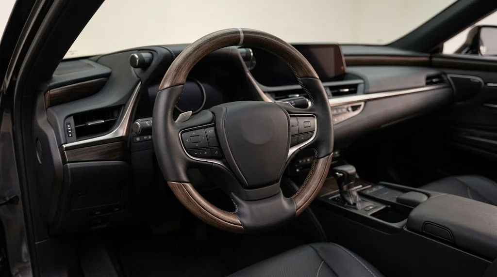 Interior view of an AKIUMI custom steering wheel for Lexus ES, with open-pore dark ash wood trim, black semi-aniline leather grips and silver grey contrast stitching