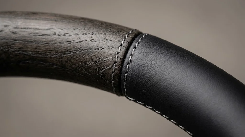 Close-up of open-pore dark ash wood grain, black semi-aniline leather and silver grey stitching on an AKIUMI Lexus ES steering wheel