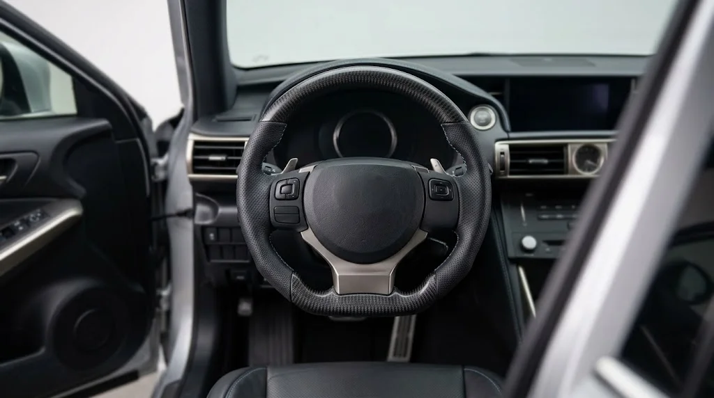 Interior view of an AKIUMI custom flat-bottom steering wheel for a Lexus IS with matte carbon trim and perforated leather grips