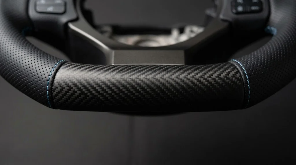 Close-up of the squared-off flat bottom section on an AKIUMI Lexus steering wheel rim