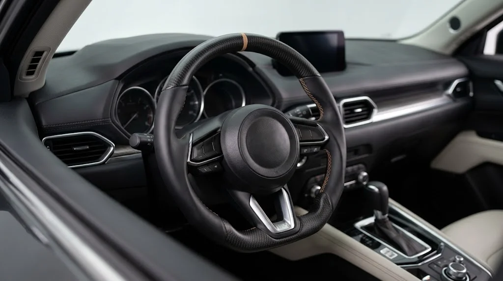 Interior view of an AKIUMI custom heated steering wheel for a Lexus NX with smooth leather grips and matte carbon trim