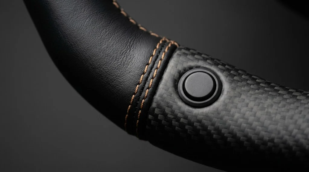 Close-up of the heated leather rim and the plain heater switch on an AKIUMI Lexus steering wheel