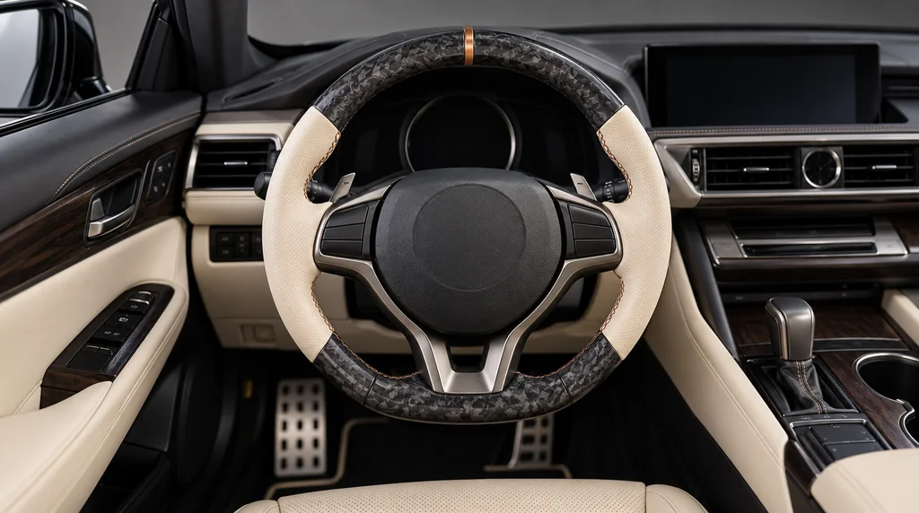 Interior view of an AKIUMI custom steering wheel for Lexus IS, GS and RC, with matte carbon fiber trim, ivory cream semi-aniline leather grips and copper contrast stitching