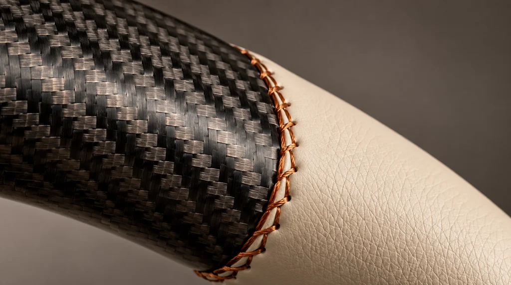 Close-up of matte carbon fiber, ivory cream semi-aniline leather and copper stitching on an AKIUMI Lexus IS steering wheel
