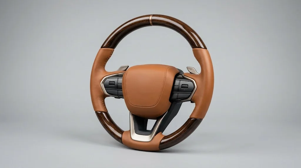 Studio product shot of an AKIUMI custom walnut wood and saddle tan leather steering wheel for Lexus LX570 and LX500