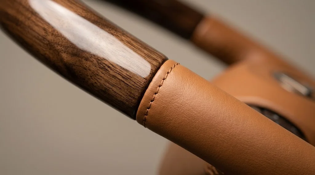 Close-up of the walnut wood grain and saddle tan semi-aniline leather on an AKIUMI Lexus LX570 steering wheel