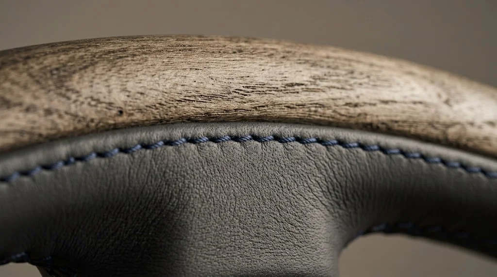 Close-up of matte carbon fiber and perforated leather on an AKIUMI Lexus NX steering wheel rim