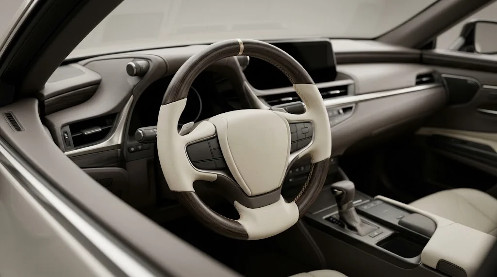 Interior view of an AKIUMI custom Lexus ES steering wheel with wood grain trim and cream leather grips