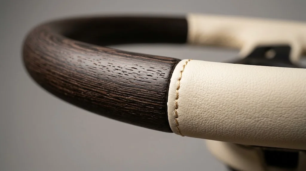 Close-up of the wood grain rim section and stitch line on an AKIUMI Lexus steering wheel
