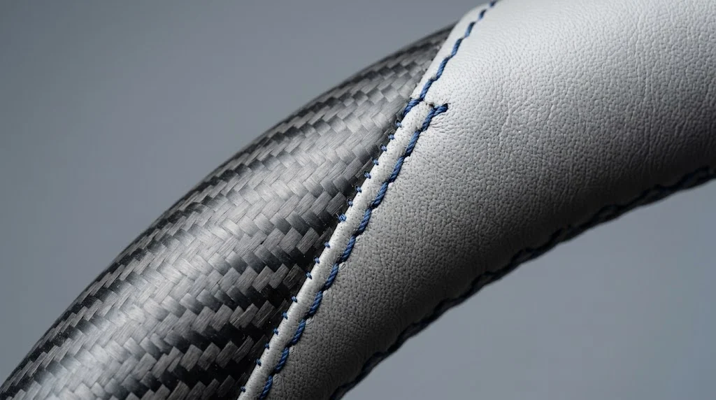 Close-up of matte carbon fiber, light grey semi-aniline leather and deep blue stitching on an AKIUMI Lexus RX steering wheel